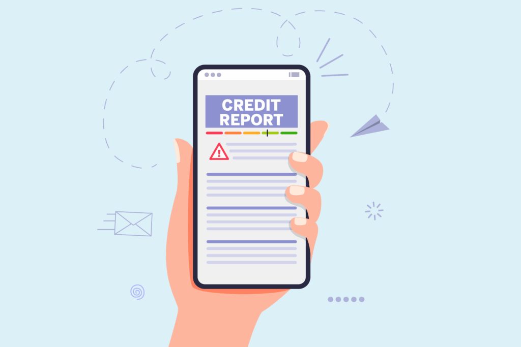 A hand holding a phone showing a credit report.
