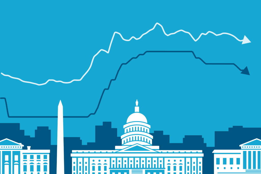 Trend lines, like for interest rates and mortgage rates, appearing over buildings.